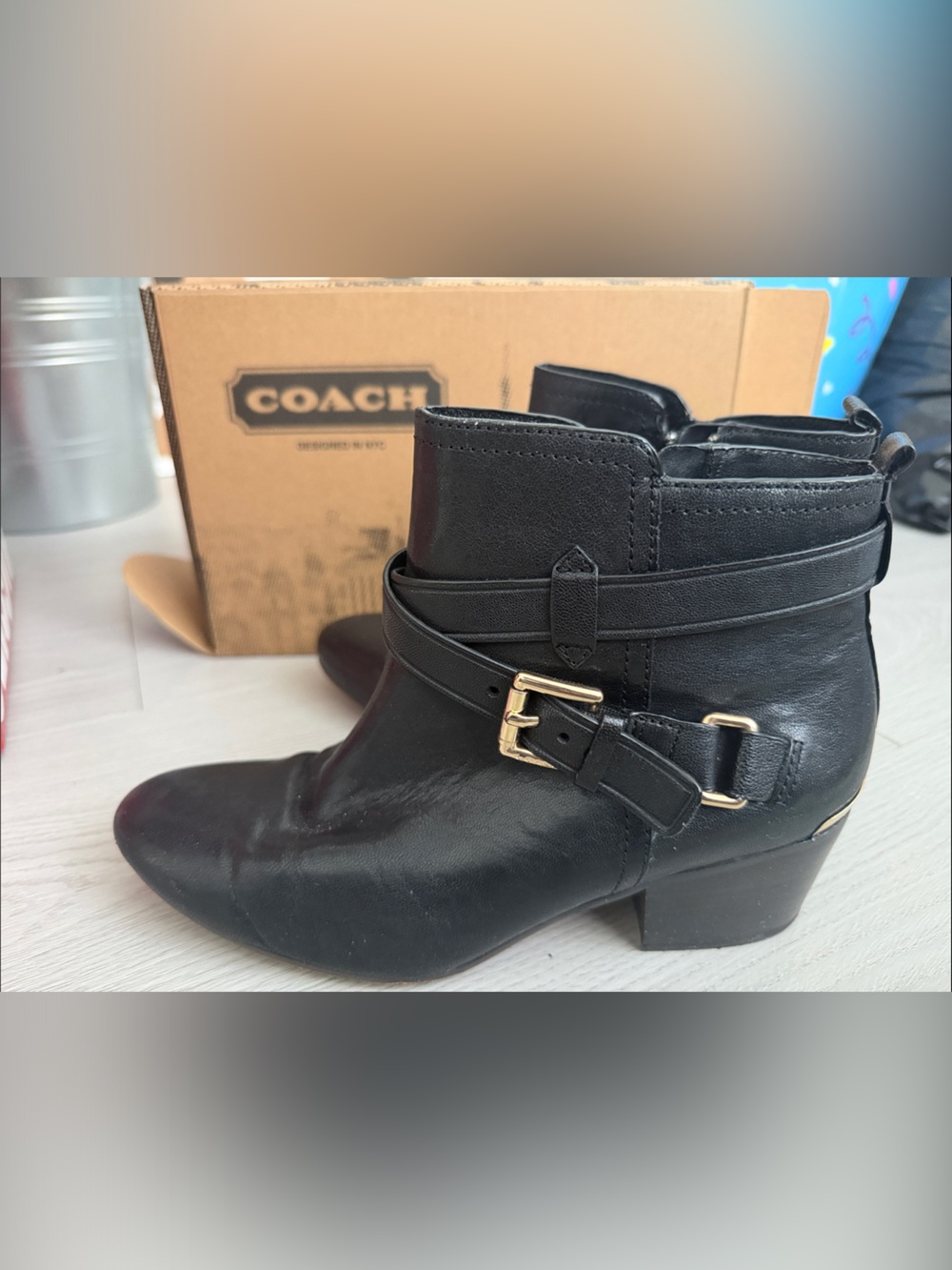 Coach Black Leather Ankle Boots Gold Buckle Detail Size 7